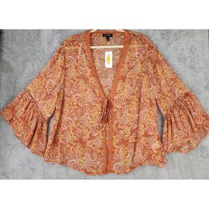 Jessica Simpson Shirt Womens Medium Orange Sheer Paisley Open Ruffled Kimono